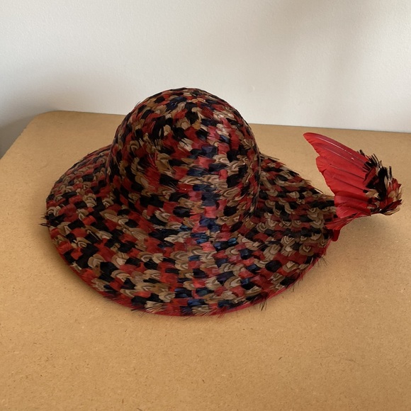 VTG Rare Jack McConnell Feather Hat. Red/Navy Multi Feather Outside - Picture 5 of 16